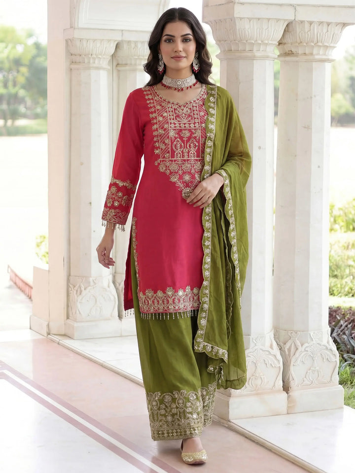 Graceful Pink Embroidery Coding Work Chinon Wedding Wear Palazzo Suit