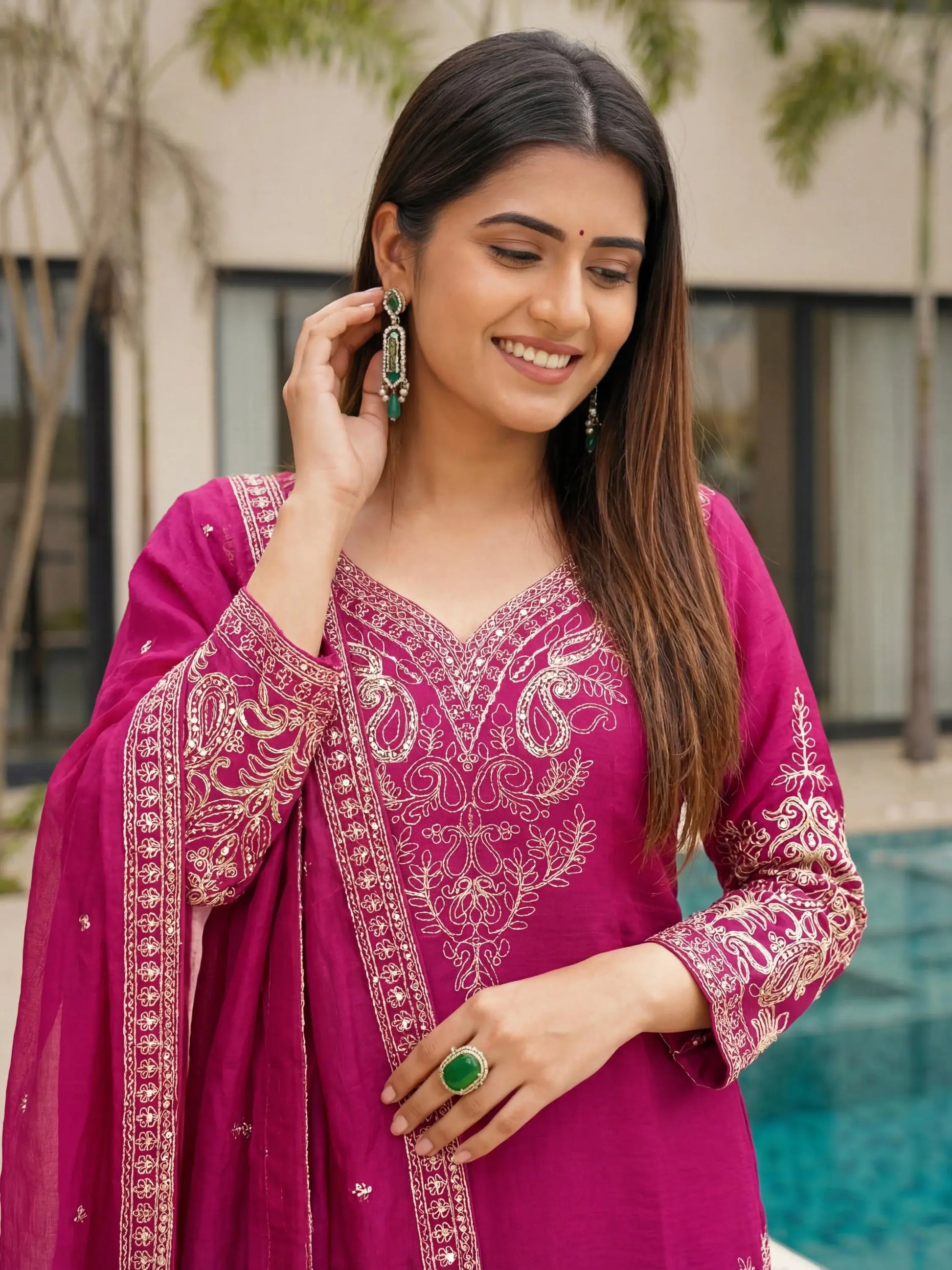 Wonderful Pink Zari Embroidered Chinon Engagement Wear Palazzo Suit