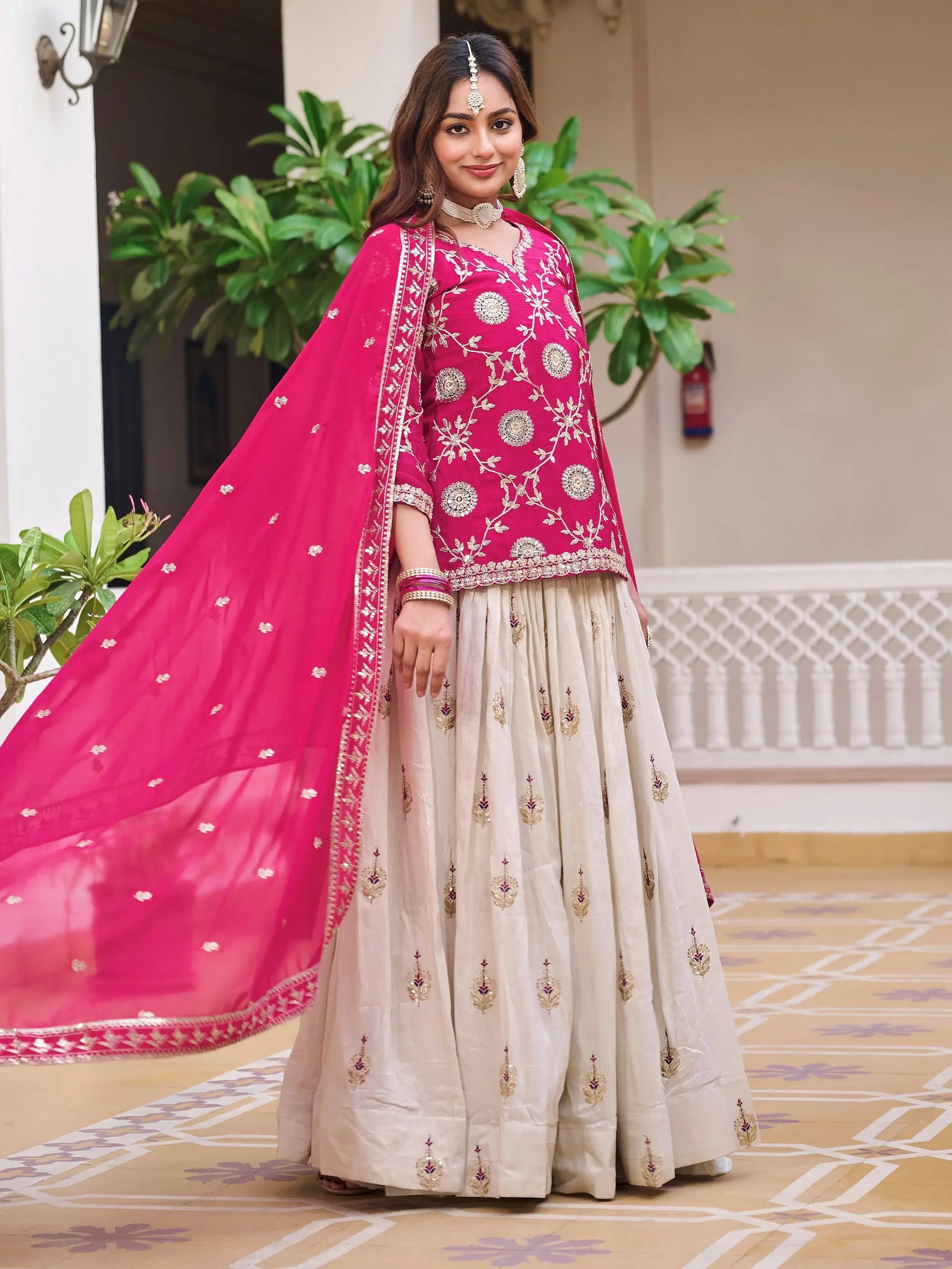 Astonishing Beige Coding Work Tissue Festive Wear Lehenga With Long Choli