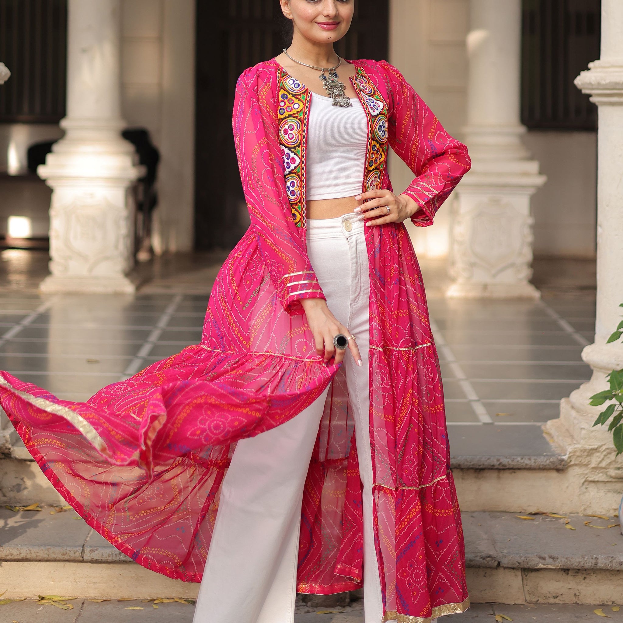 Dreamy Hot Pink Bandhani Printed Georgette Festive Special Shrug
