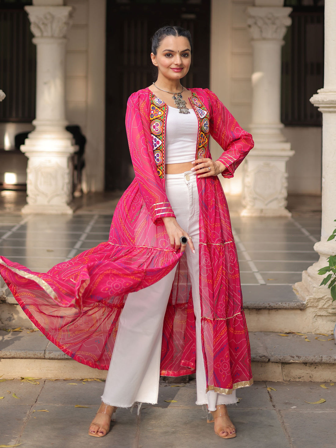 Dreamy Hot Pink Bandhani Printed Georgette Festive Special Shrug