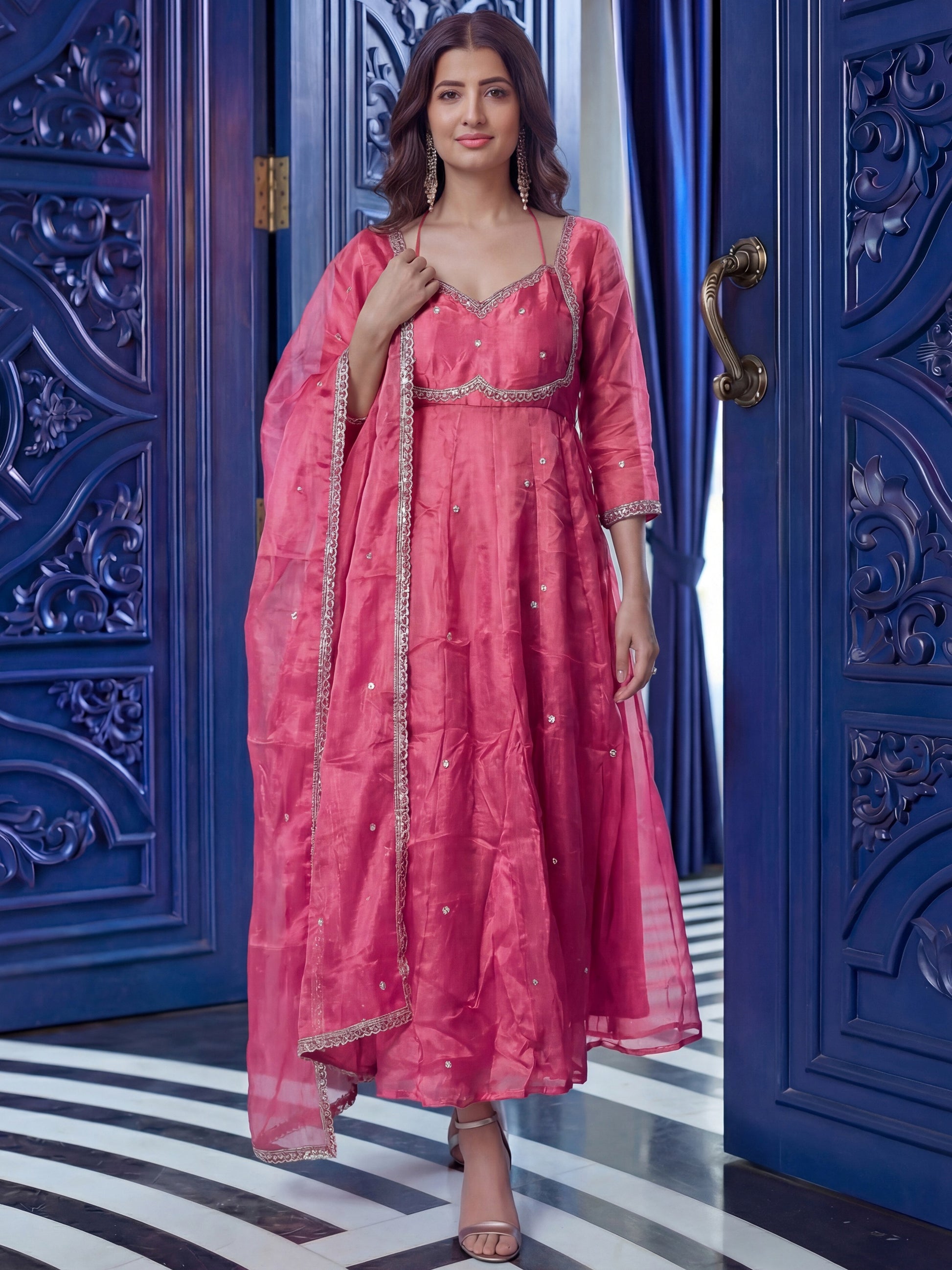 Graceful Pink Sequins Silk Traditional Anarkali Gown With Dupatta