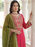 Graceful Pink Embroidery Coding Work Chinon Wedding Wear Palazzo Suit