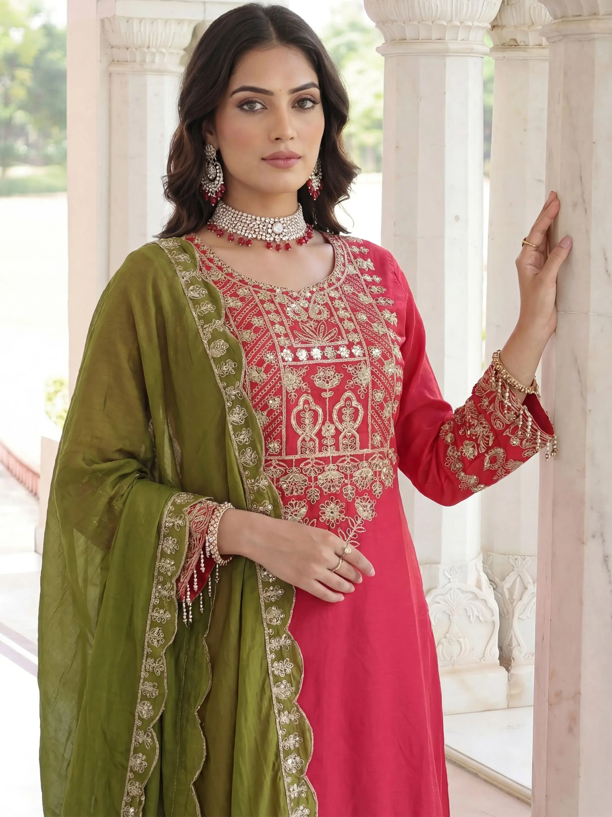 Graceful Pink Embroidery Coding Work Chinon Wedding Wear Palazzo Suit
