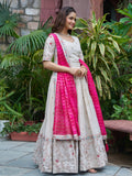 Graceful Off-White Heavy Work Silk Lehenga Choli With Pink Dupatta