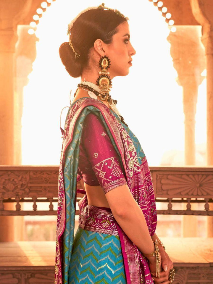 Great Sky Blue Printed Silk Event Wear Saree