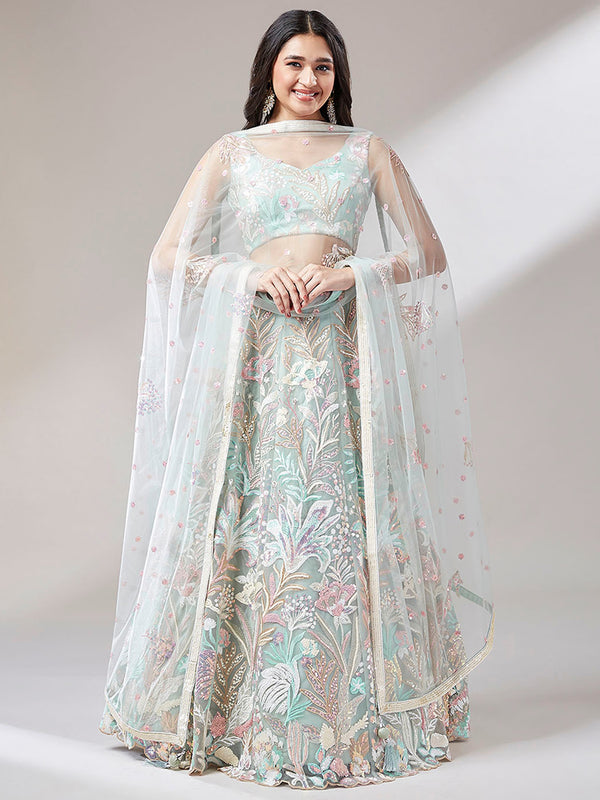 Astonishing Pista Green Sequins Net Wedding Wear Lehenga Choli