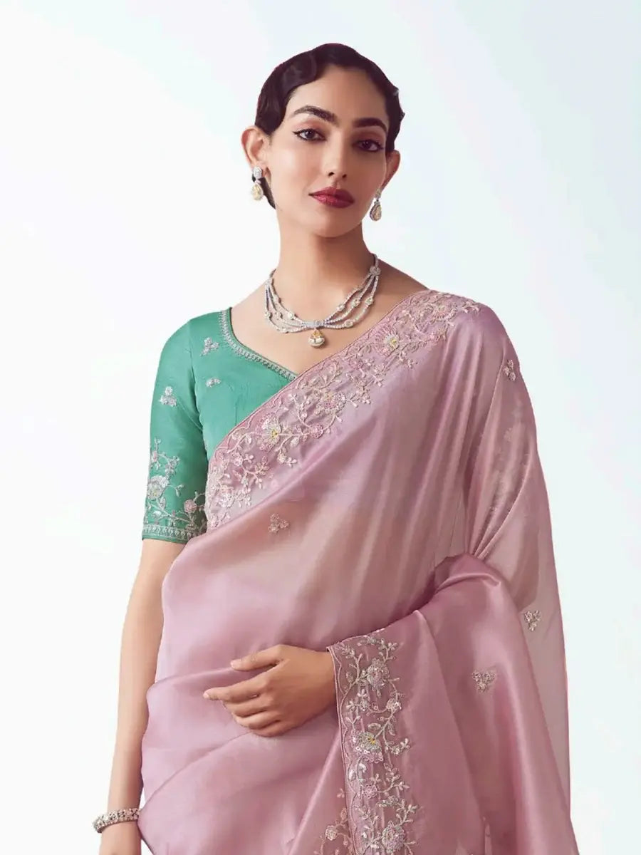 Pleasant Baby Pink Sequins Embroidery Organza Engagement Wear Saree With Blouse - Zeel Clothing