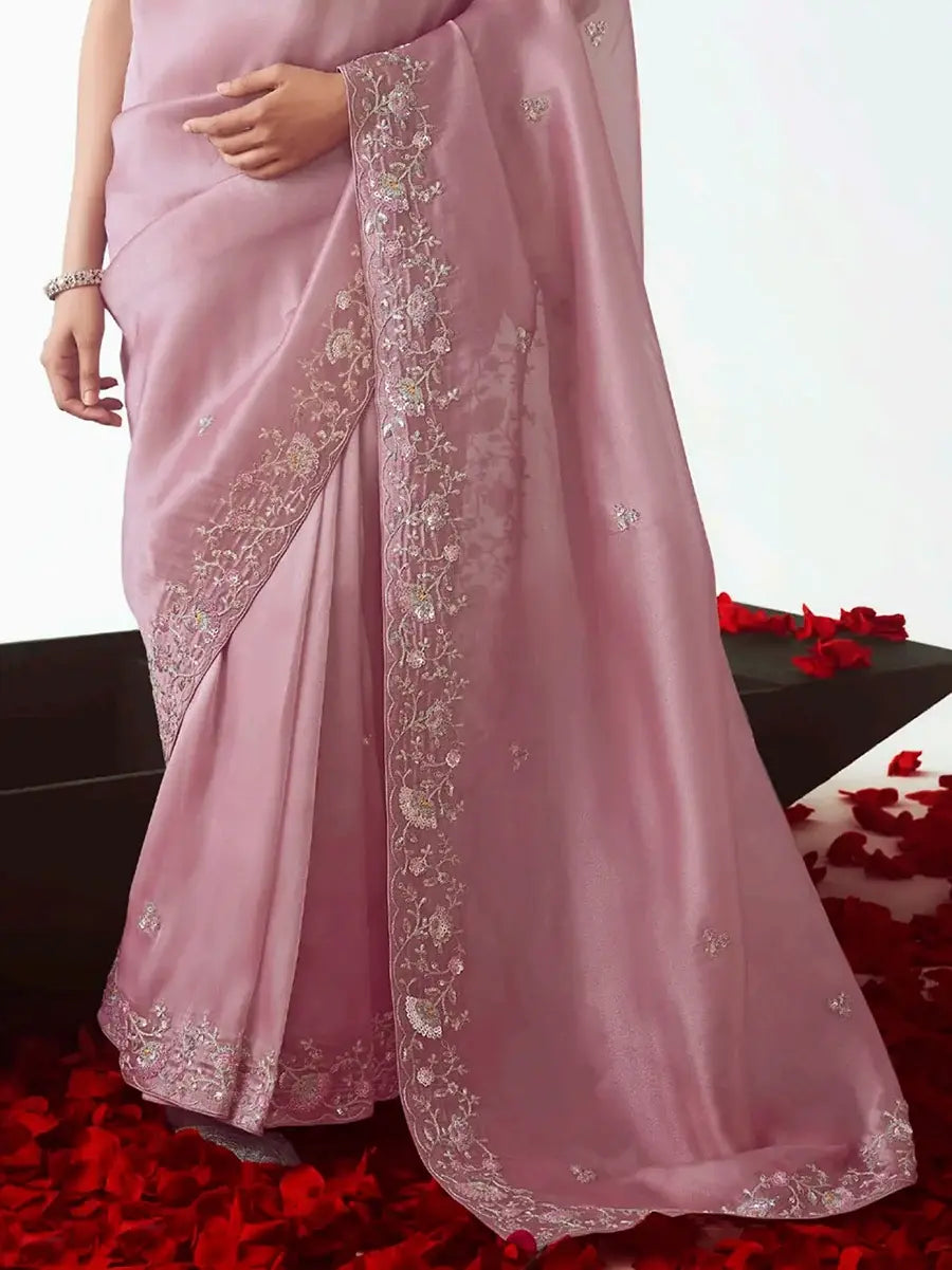 Pleasant Baby Pink Sequins Embroidery Organza Engagement Wear Saree With Blouse - Zeel Clothing