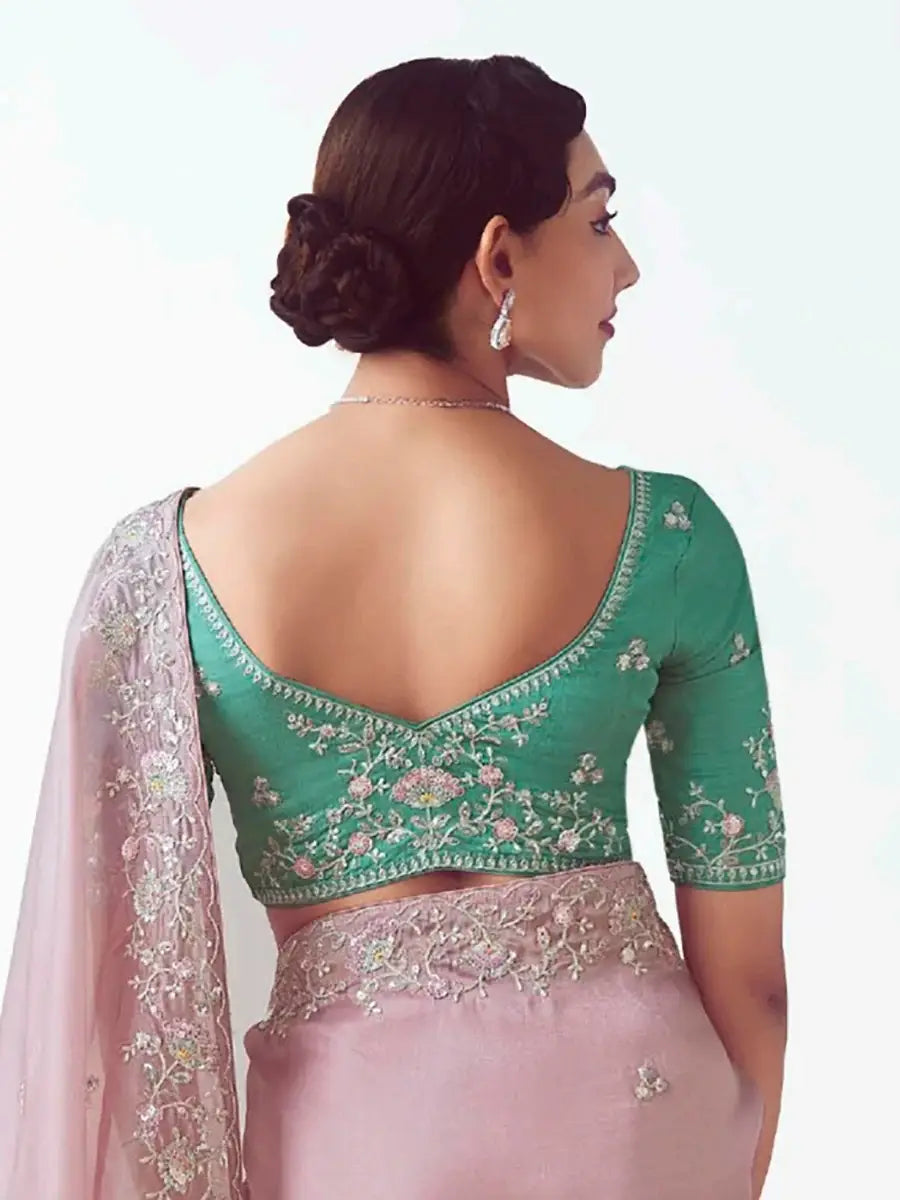 Pleasant Baby Pink Sequins Embroidery Organza Engagement Wear Saree With Blouse - Zeel Clothing