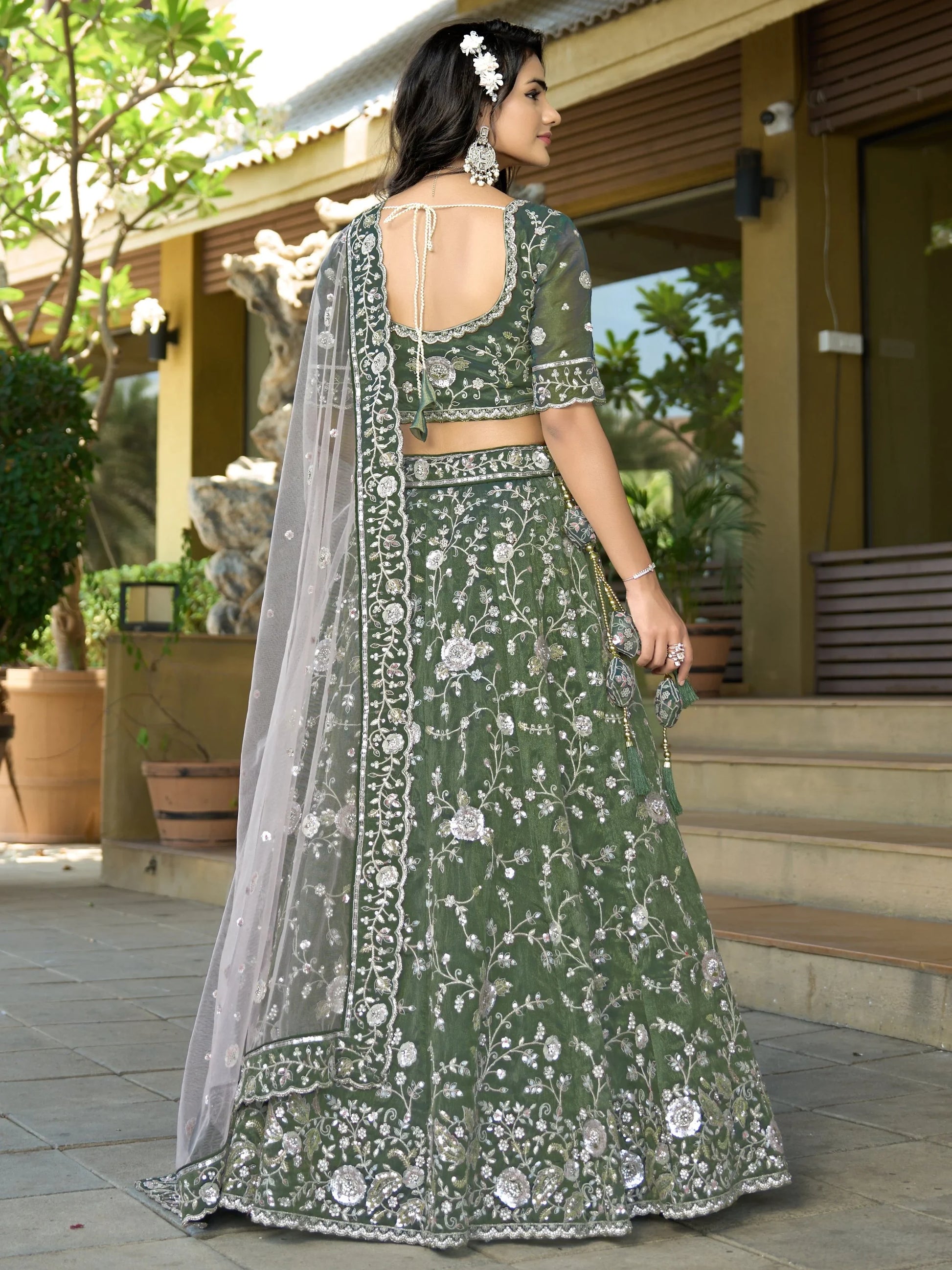 Pleasant Bottle Green Sequins Work Viscose Silk Mehendi Wear Lehenga Choli - Zeel Clothing