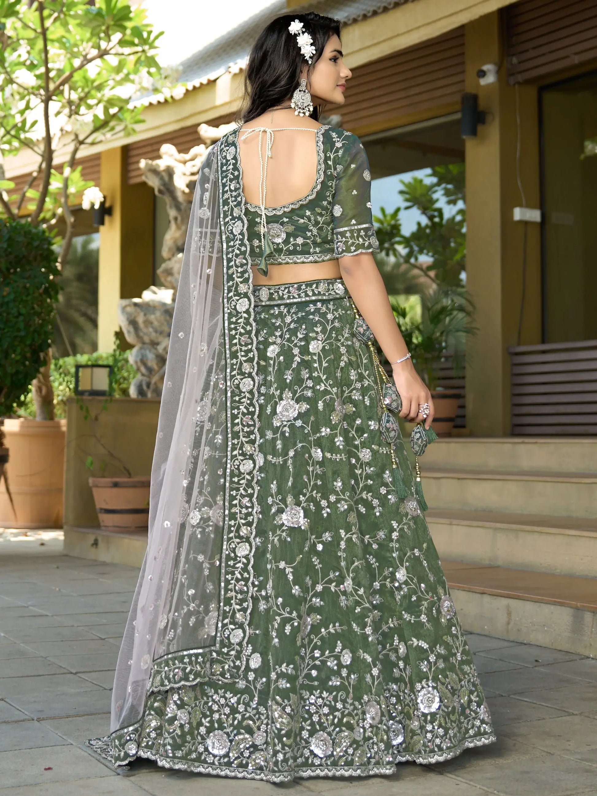 Pleasant Bottle Green Sequins Work Viscose Silk Mehendi Wear Lehenga Choli - Zeel Clothing