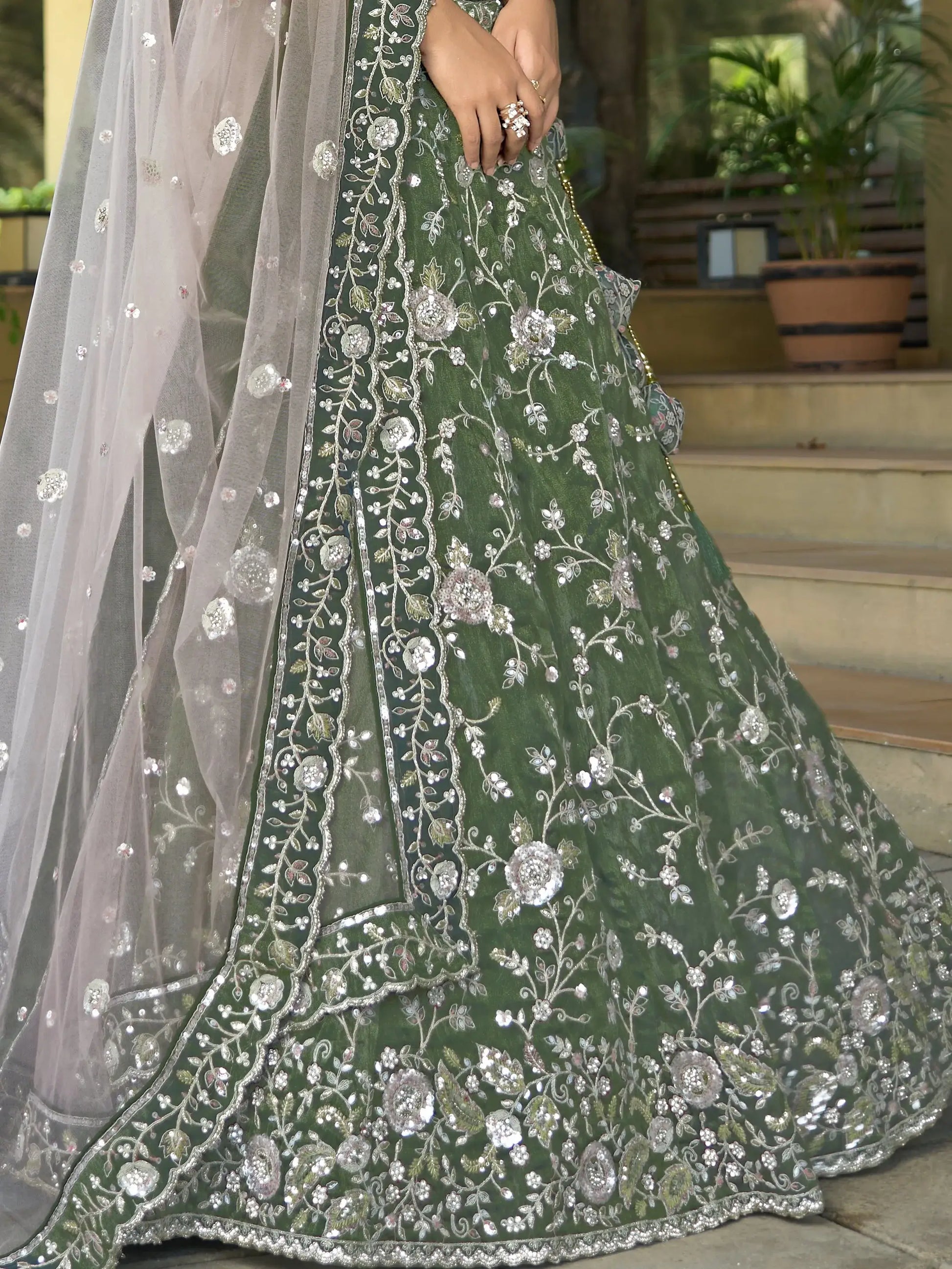 Pleasant Bottle Green Sequins Work Viscose Silk Mehendi Wear Lehenga Choli - Zeel Clothing