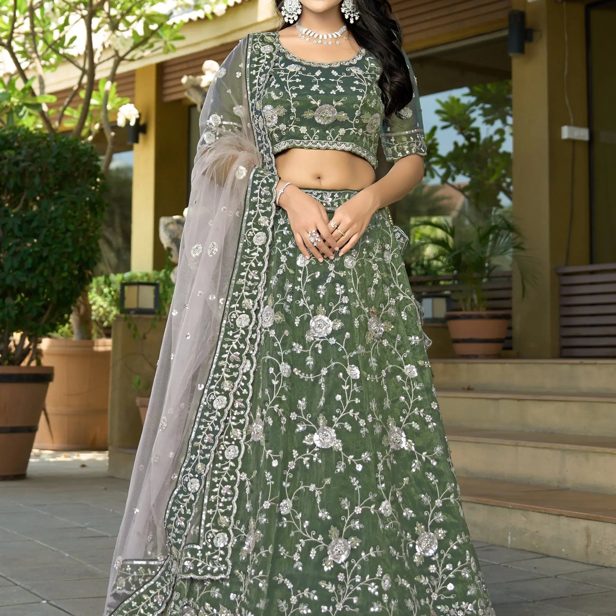 Pleasant Bottle Green Sequins Work Viscose Silk Mehendi Wear Lehenga Choli - Zeel Clothing