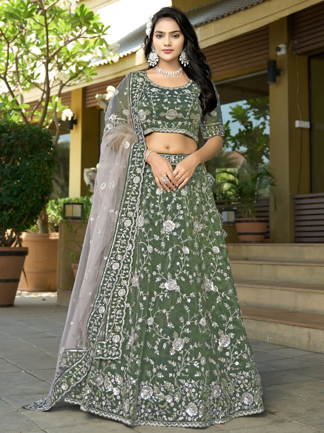 Pleasant Bottle Green Sequins Work Viscose Silk Mehendi Wear Lehenga Choli - Zeel Clothing