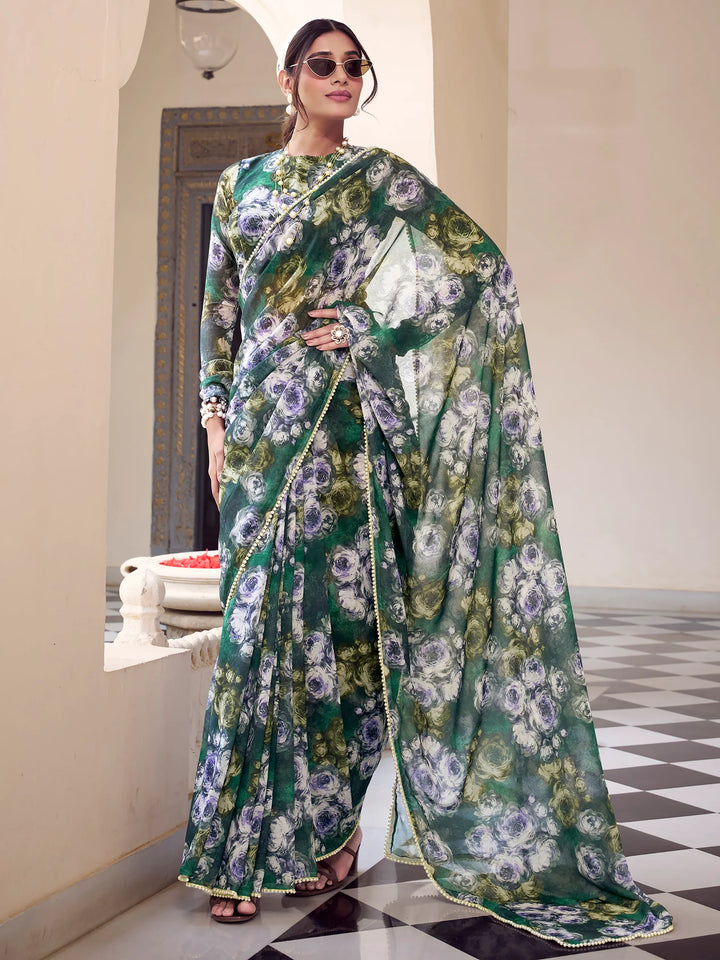 Pleasant Green Floral Printed Georgette Casual Wear Saree - Zeel Clothing