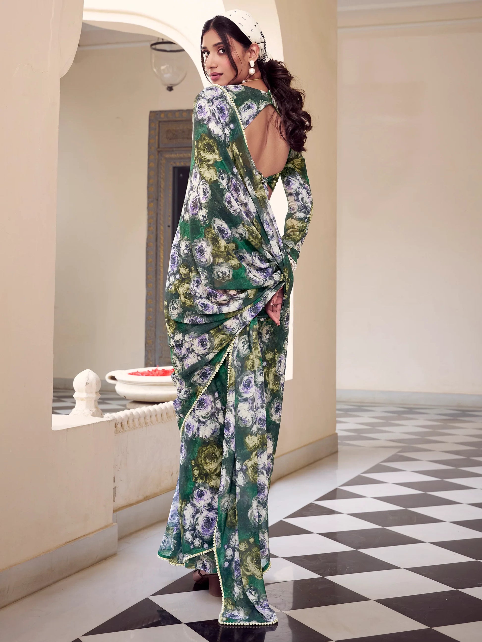 Pleasant Green Floral Printed Georgette Casual Wear Saree - Zeel Clothing