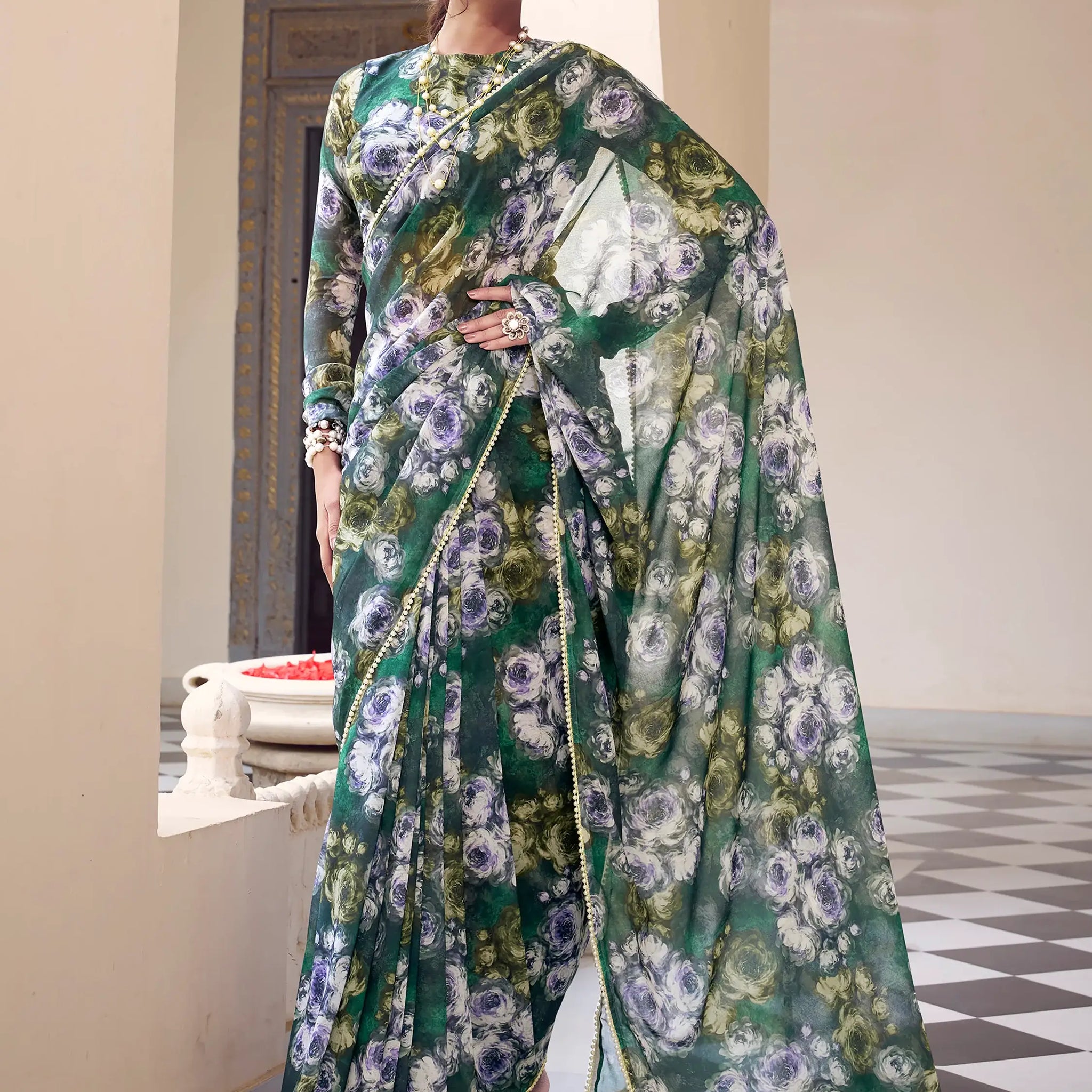 Pleasant Green Floral Printed Georgette Casual Wear Saree - Zeel Clothing