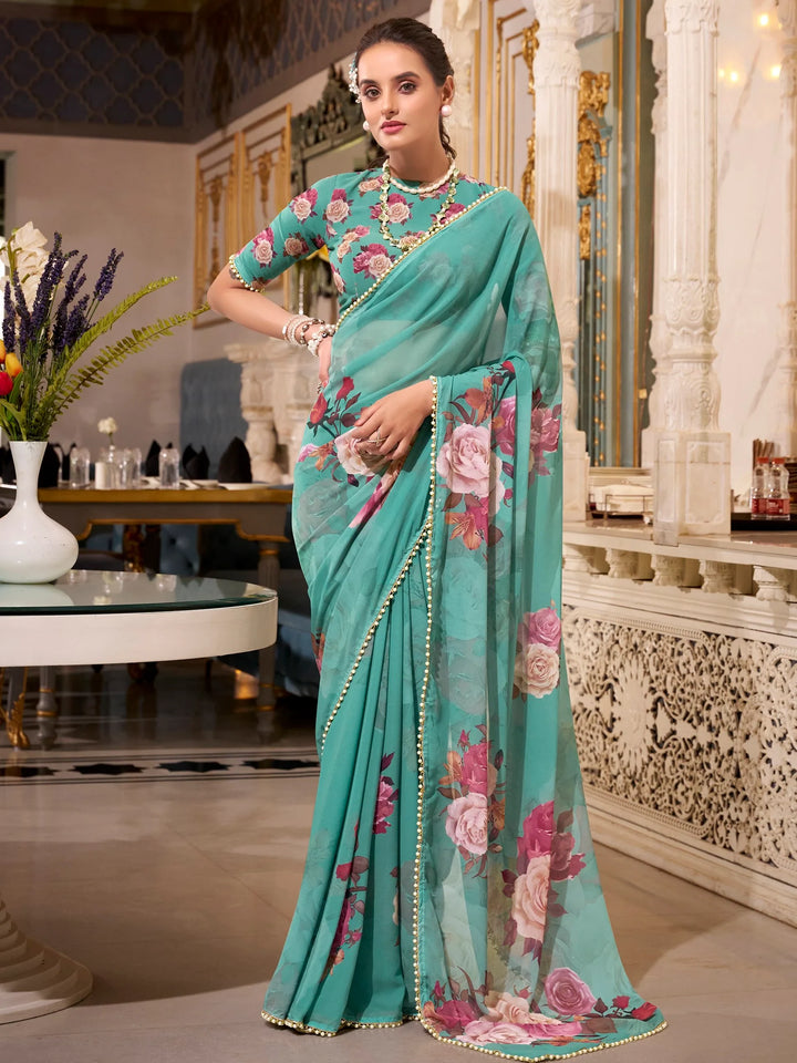 Pleasant Green Floral Printed Georgette Traditional Saree With Blouse - Zeel Clothing