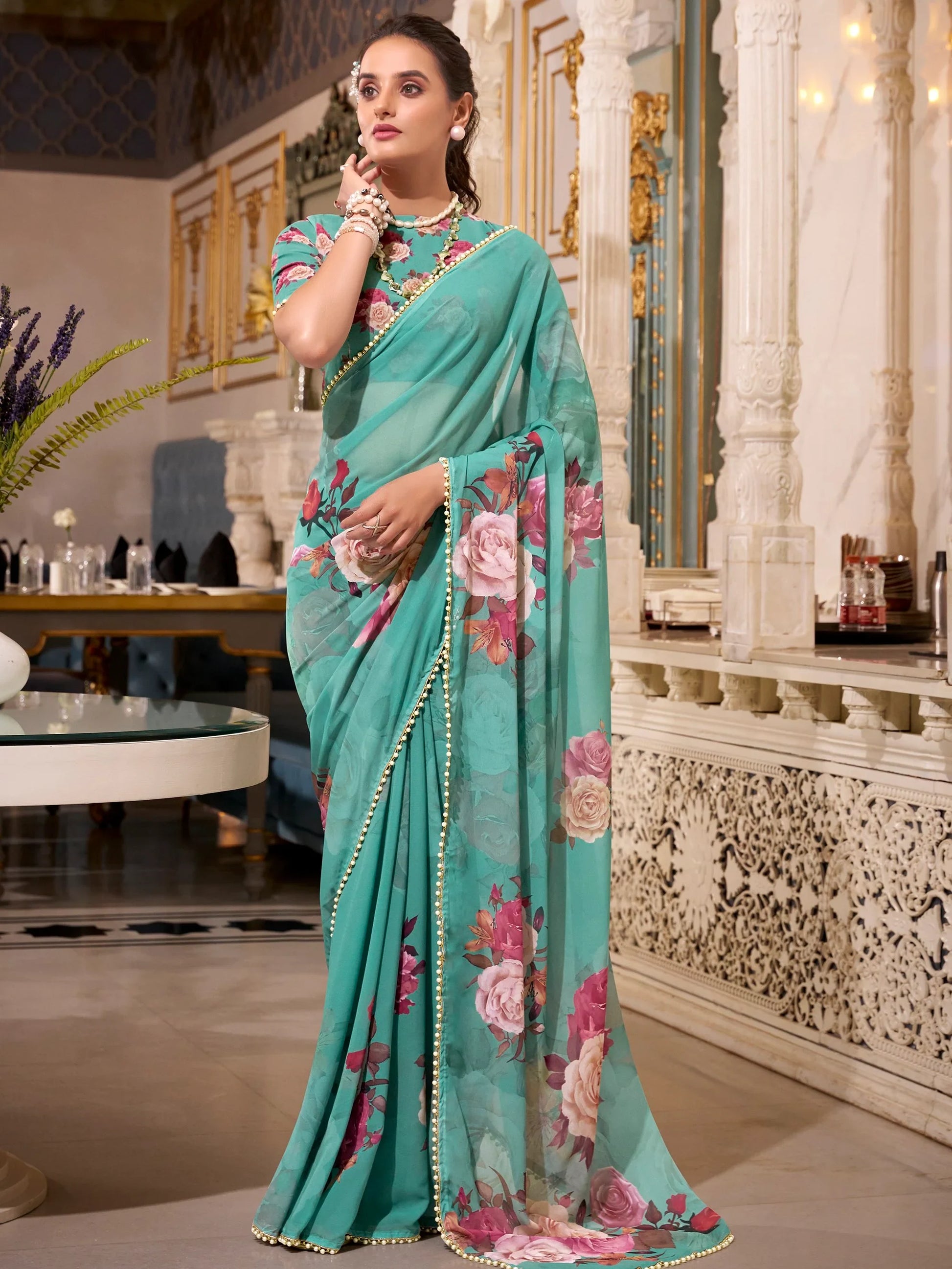 Pleasant Green Floral Printed Georgette Traditional Saree With Blouse - Zeel Clothing