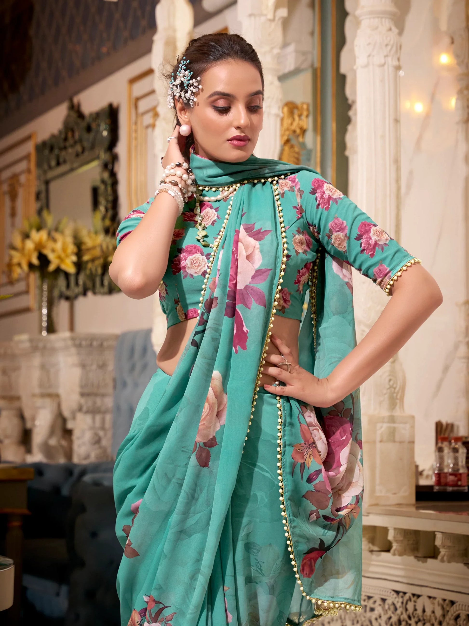 Pleasant Green Floral Printed Georgette Traditional Saree With Blouse - Zeel Clothing