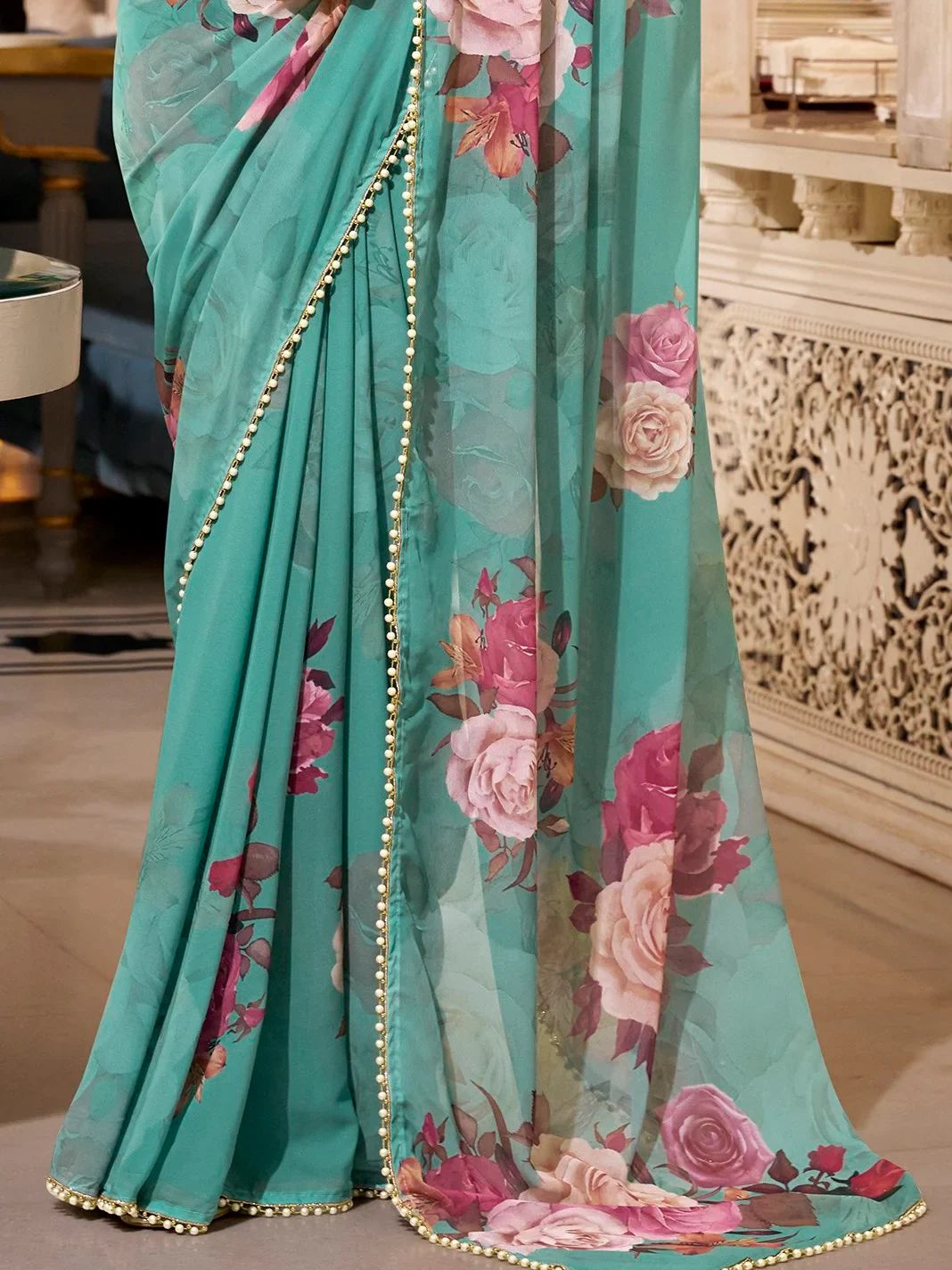 Pleasant Green Floral Printed Georgette Traditional Saree With Blouse - Zeel Clothing