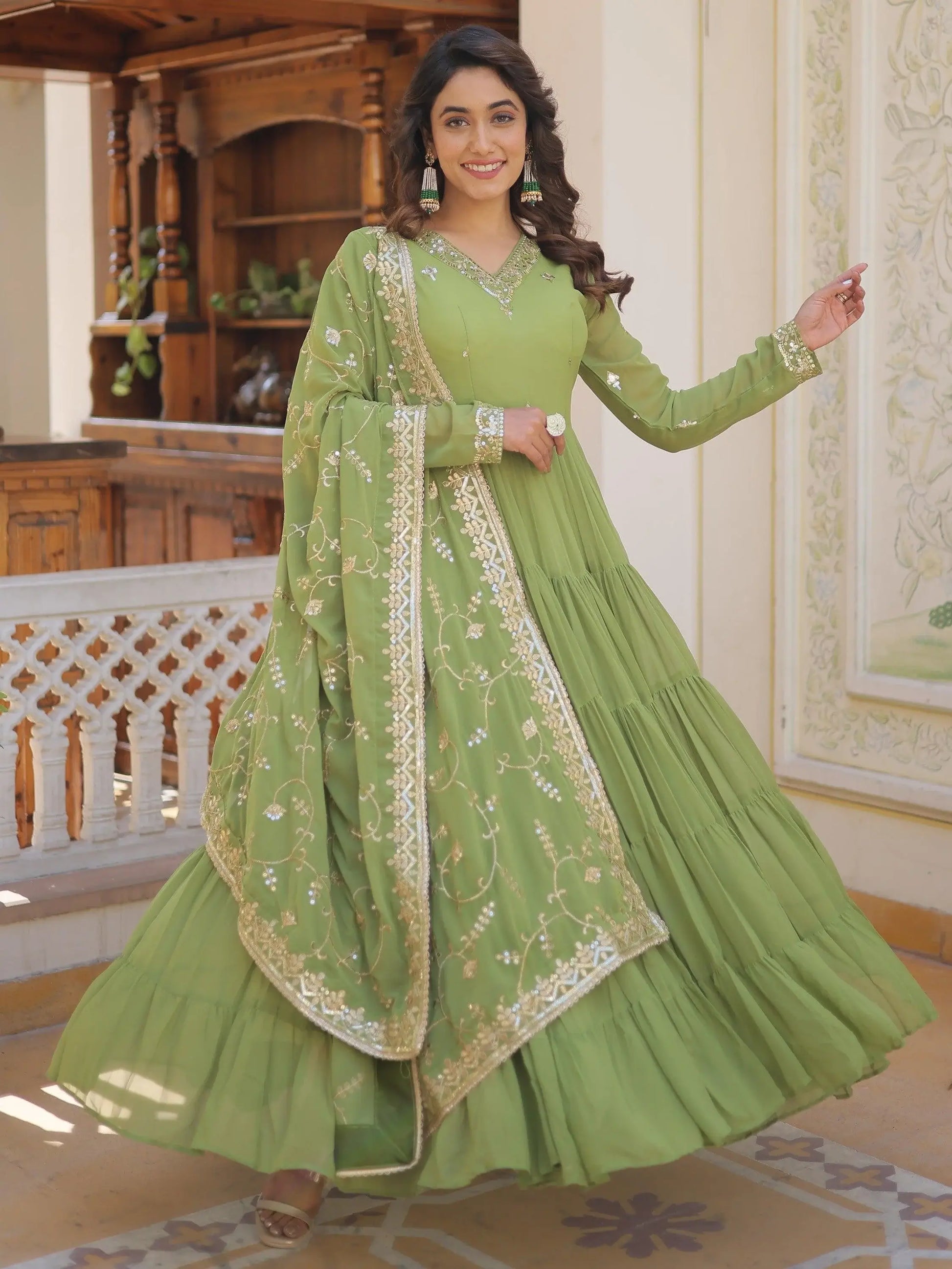 Pleasant Green Ruffle Work Mehendi Wear Georgette Gown With Dupatta - Zeel Clothing