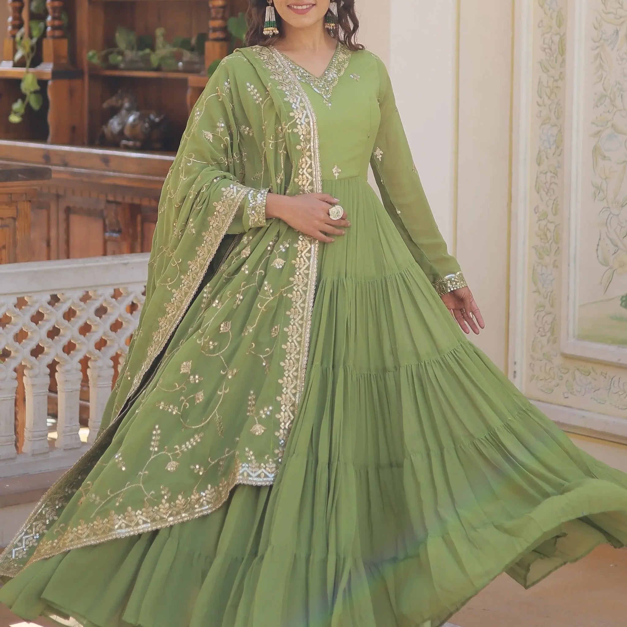 Pleasant Green Ruffle Work Mehendi Wear Georgette Gown With Dupatta - Zeel Clothing
