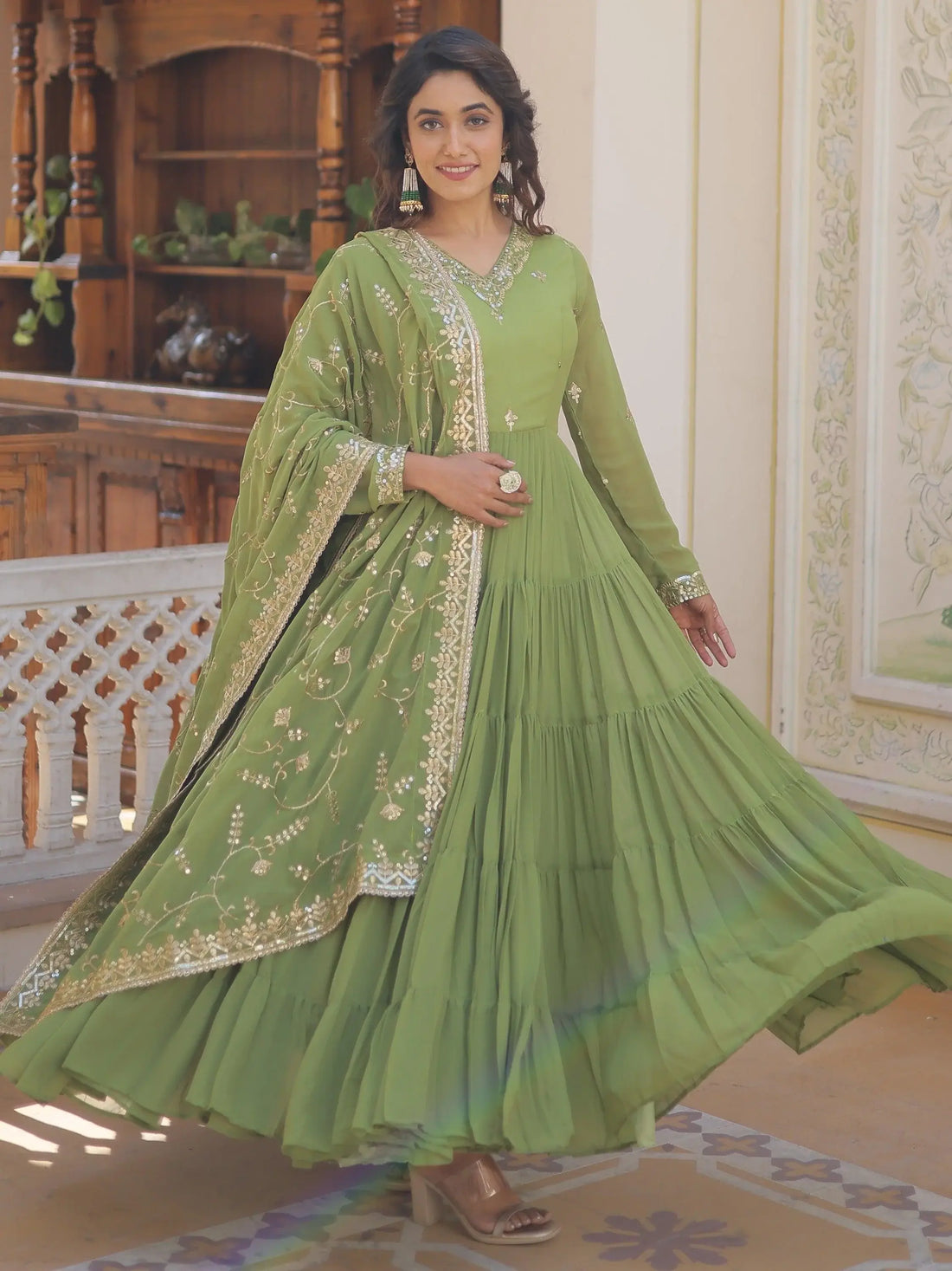 Pleasant Green Ruffle Work Mehendi Wear Georgette Gown With Dupatta - Zeel Clothing