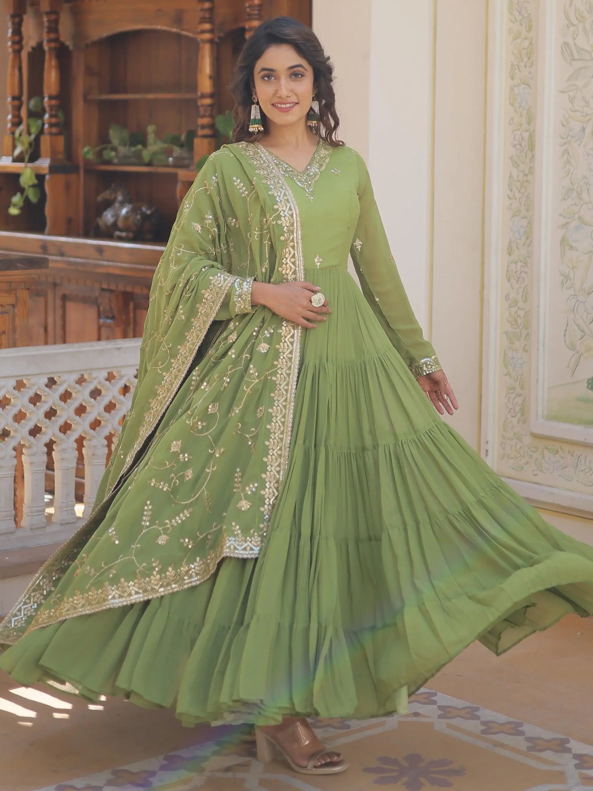 Pleasant Green Ruffle Work Mehendi Wear Georgette Gown With Dupatta - Zeel Clothing