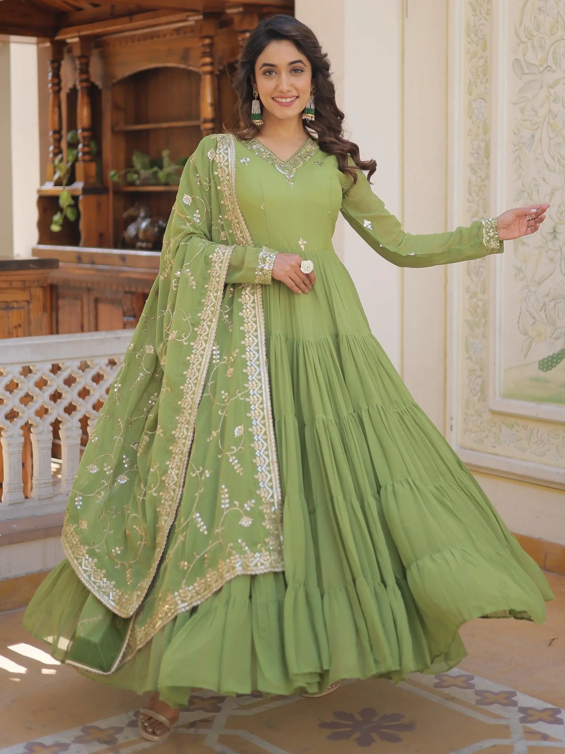 Pleasant Green Ruffle Work Mehendi Wear Georgette Gown With Dupatta - Zeel Clothing