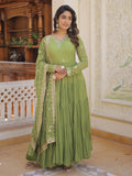 Pleasant Green Ruffle Work Mehendi Wear Georgette Gown With Dupatta - Zeel Clothing