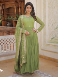 Pleasant Green Ruffle Work Mehendi Wear Georgette Gown With Dupatta - Zeel Clothing