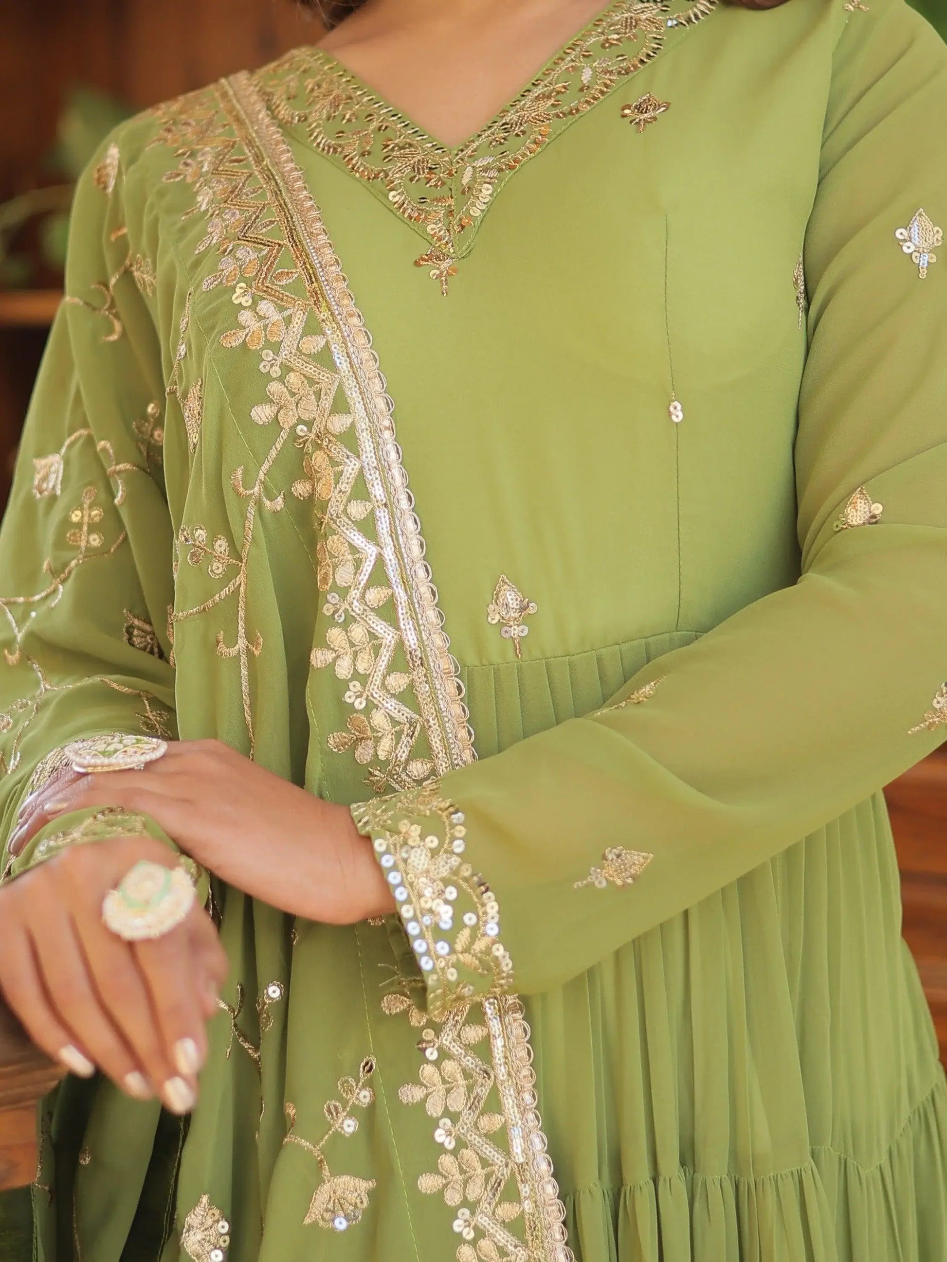 Pleasant Green Ruffle Work Mehendi Wear Georgette Gown With Dupatta - Zeel Clothing