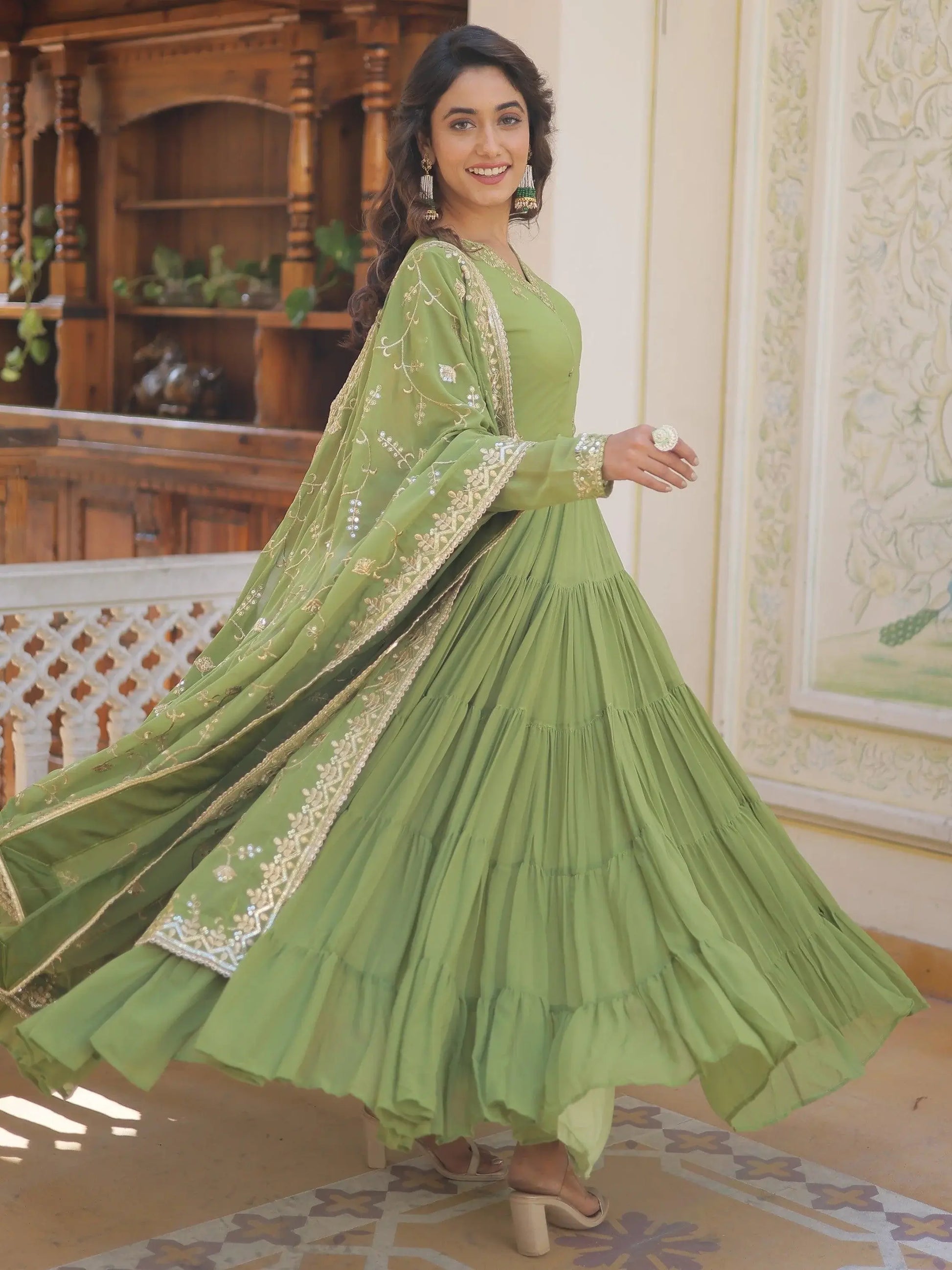 Pleasant Green Ruffle Work Mehendi Wear Georgette Gown With Dupatta - Zeel Clothing