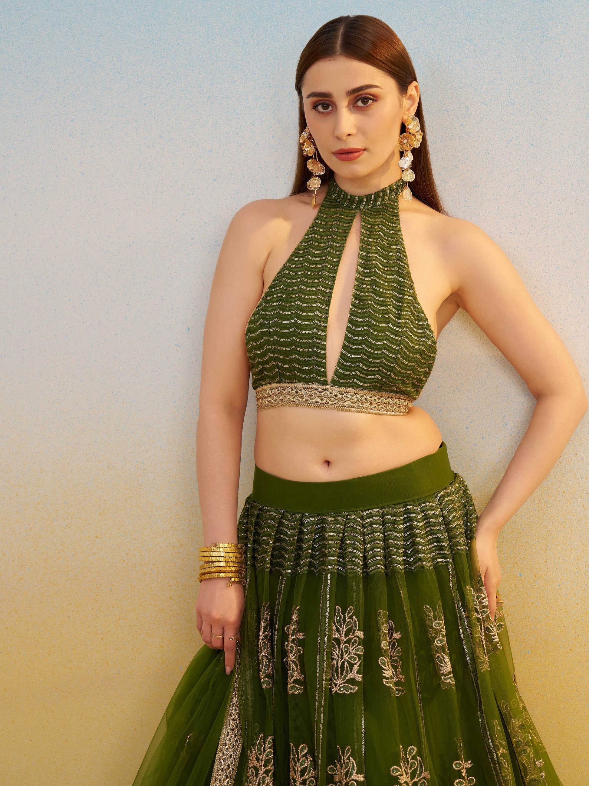 Pleasant Green Sequins Work Net Mehendi Wear Lehenga Choli With Dupatta - Zeel Clothing