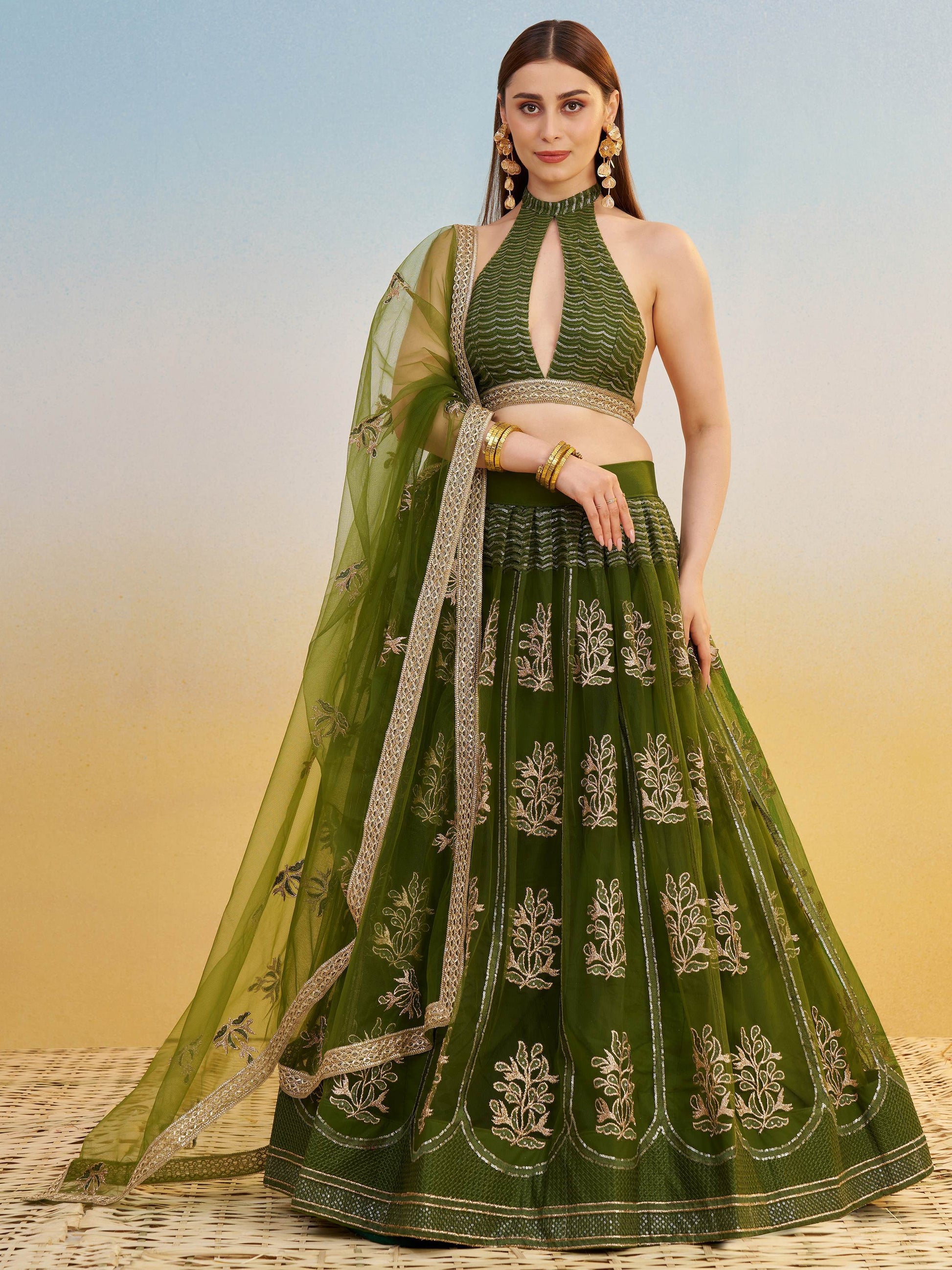 Pleasant Green Sequins Work Net Mehendi Wear Lehenga Choli With Dupatta - Zeel Clothing