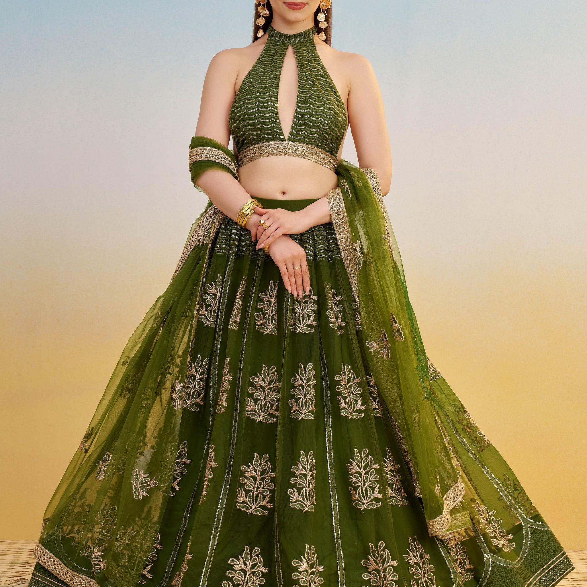 Pleasant Green Sequins Work Net Mehendi Wear Lehenga Choli With Dupatta - Zeel Clothing
