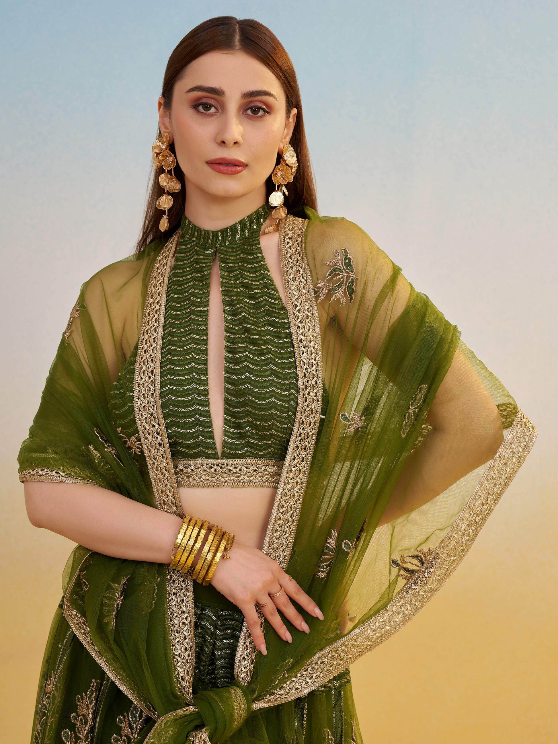 Pleasant Green Sequins Work Net Mehendi Wear Lehenga Choli With Dupatta - Zeel Clothing