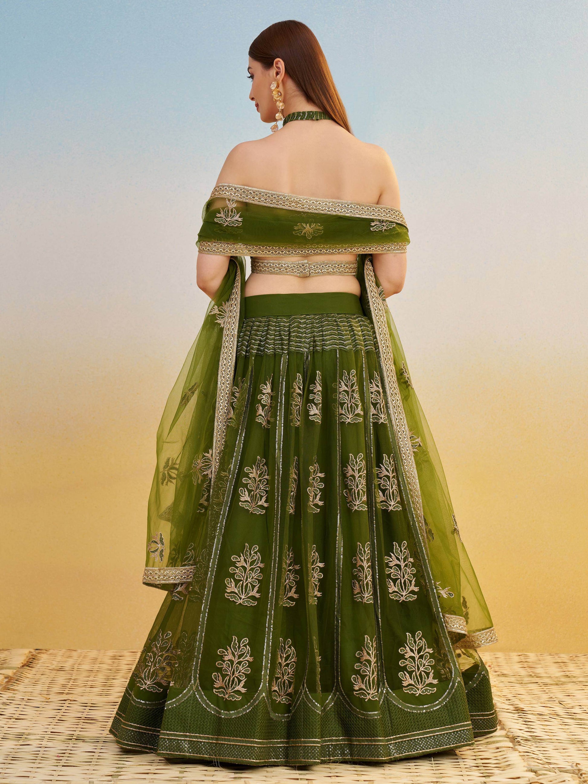 Pleasant Green Sequins Work Net Mehendi Wear Lehenga Choli With Dupatta - Zeel Clothing