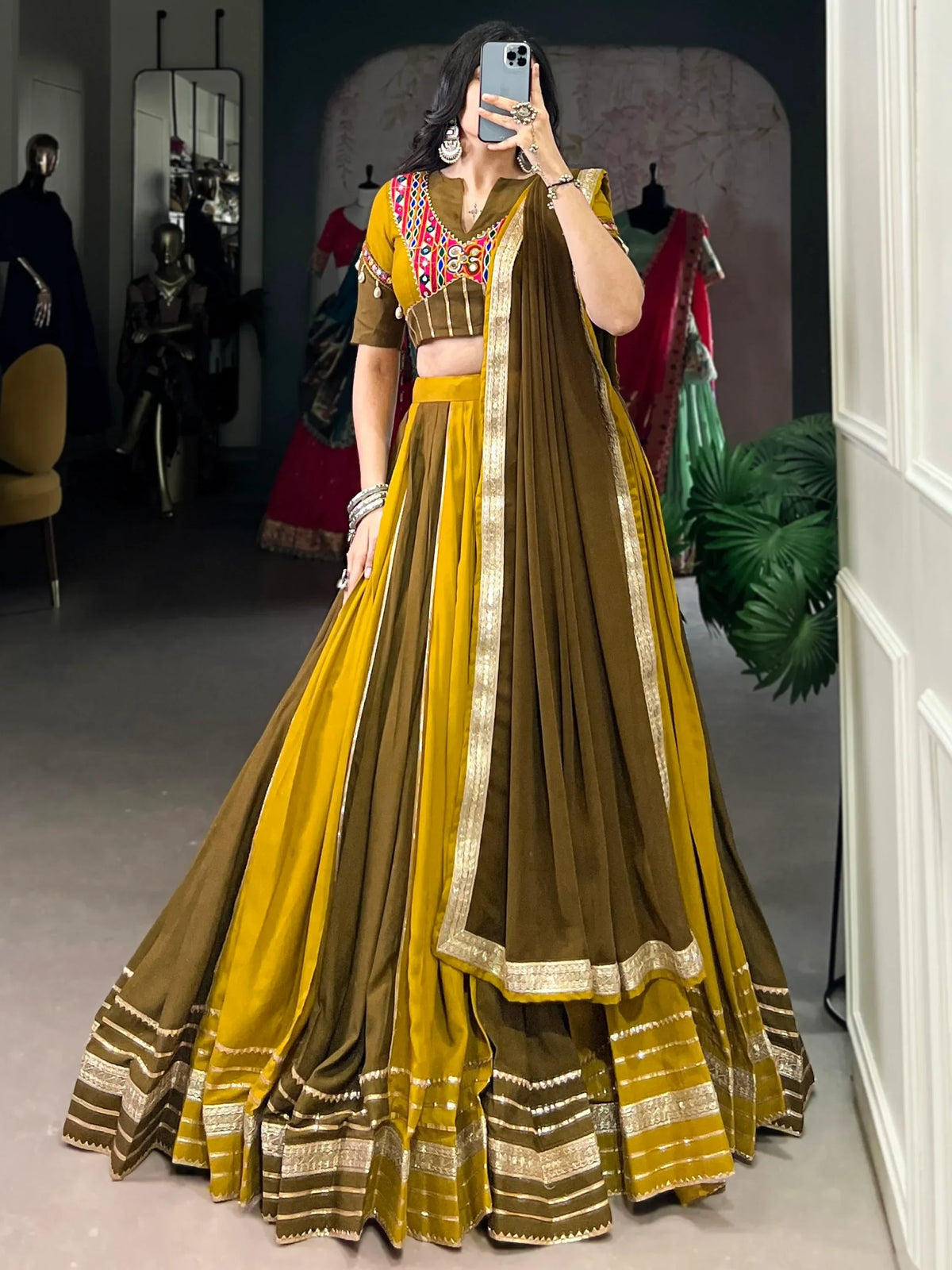 Pleasant Mehendi Green Sequins Lace Work Rayon Navratri Special Lehenga Choli - Zeel Clothing