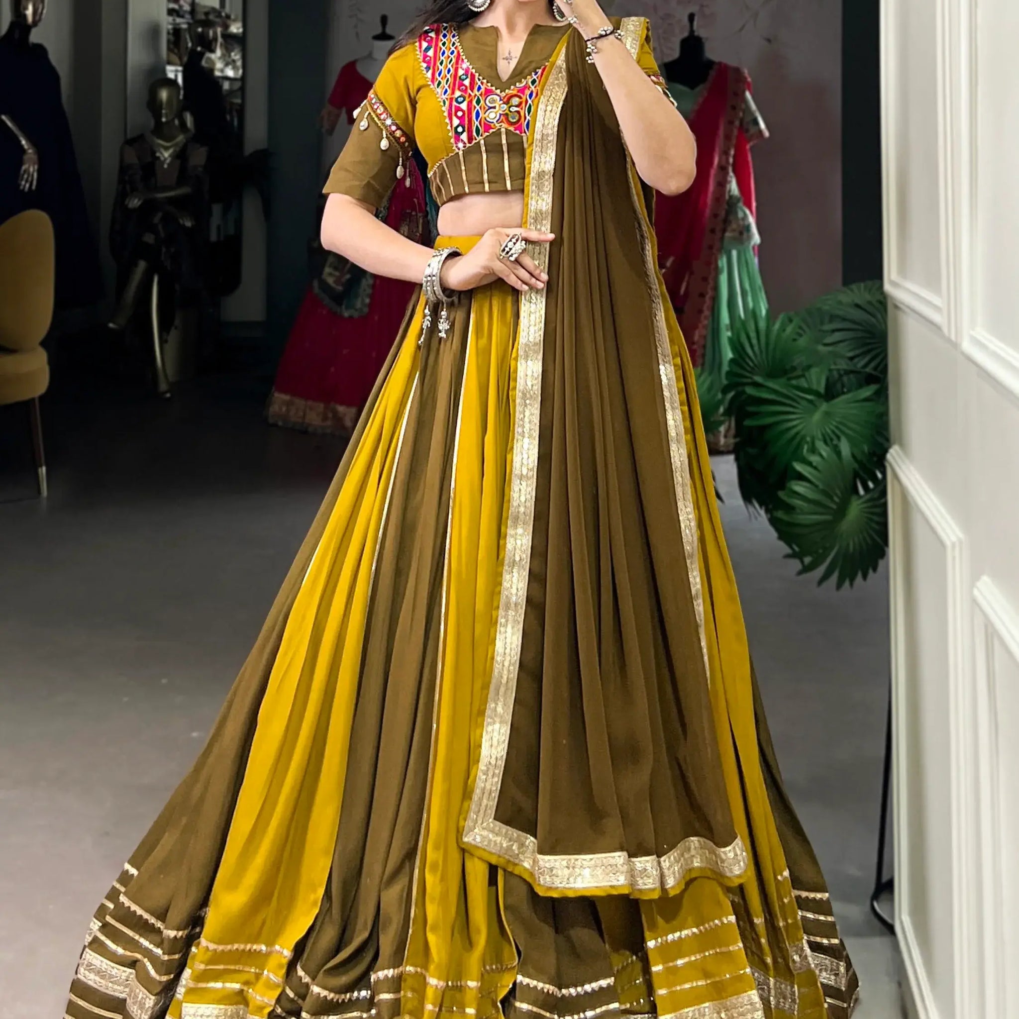 Pleasant Mehendi Green Sequins Lace Work Rayon Navratri Special Lehenga Choli - Zeel Clothing