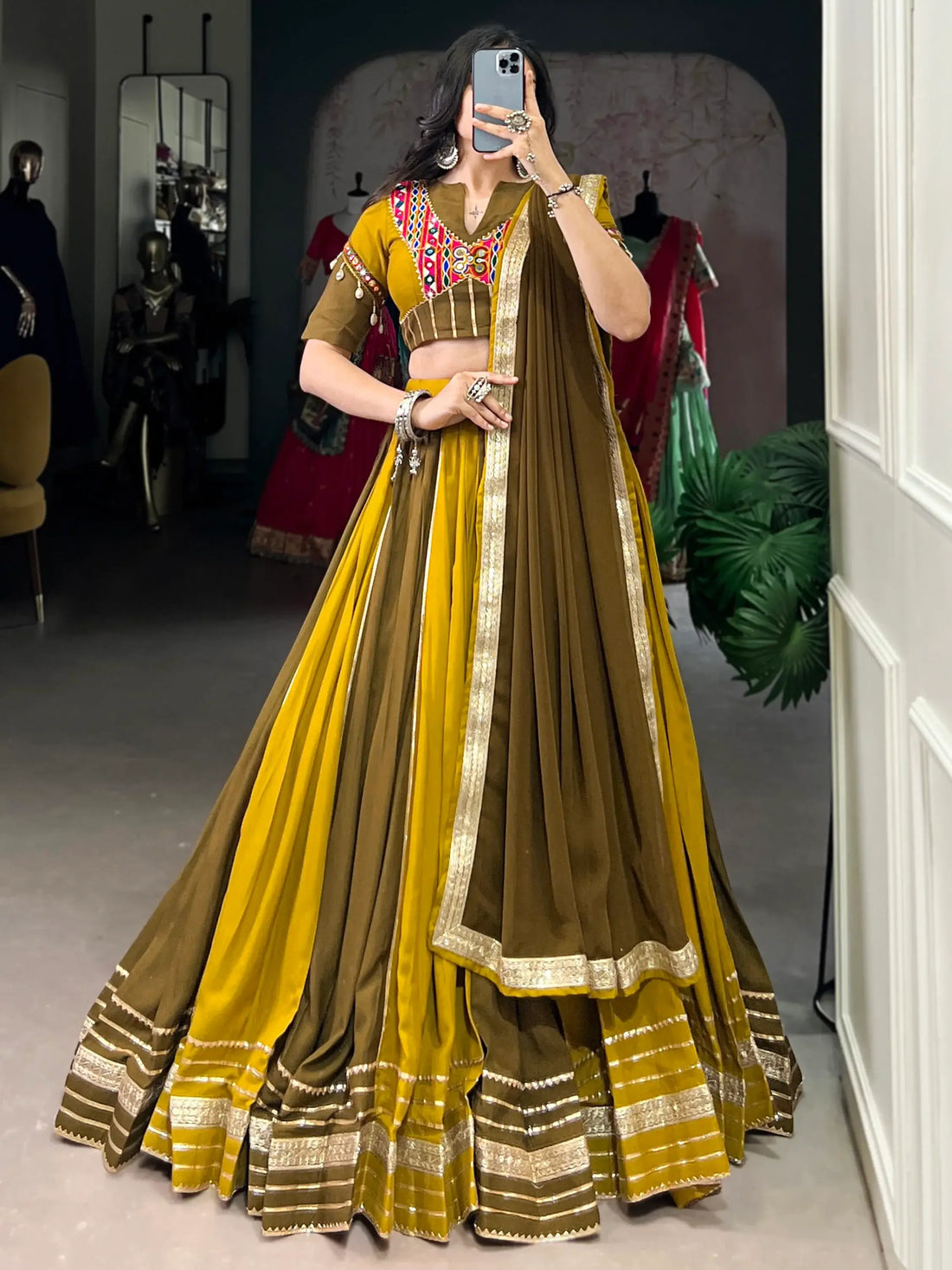 Pleasant Mehendi Green Sequins Lace Work Rayon Navratri Special Lehenga Choli - Zeel Clothing