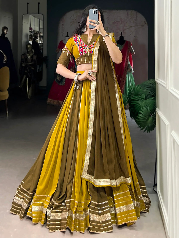 Pleasant Mehendi Green Sequins Lace Work Rayon Navratri Special Lehenga Choli - Zeel Clothing