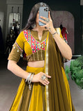 Pleasant Mehendi Green Sequins Lace Work Rayon Navratri Special Lehenga Choli - Zeel Clothing