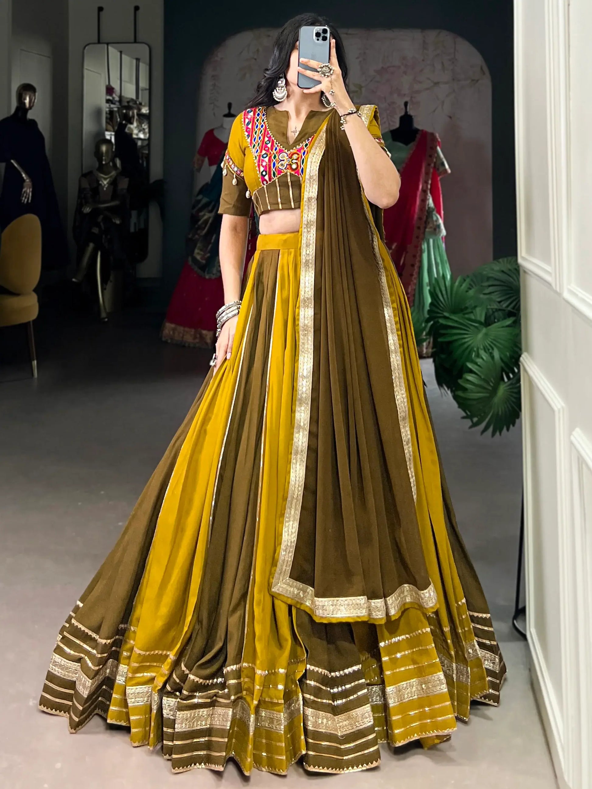 Pleasant Mehendi Green Sequins Lace Work Rayon Navratri Special Lehenga Choli - Zeel Clothing
