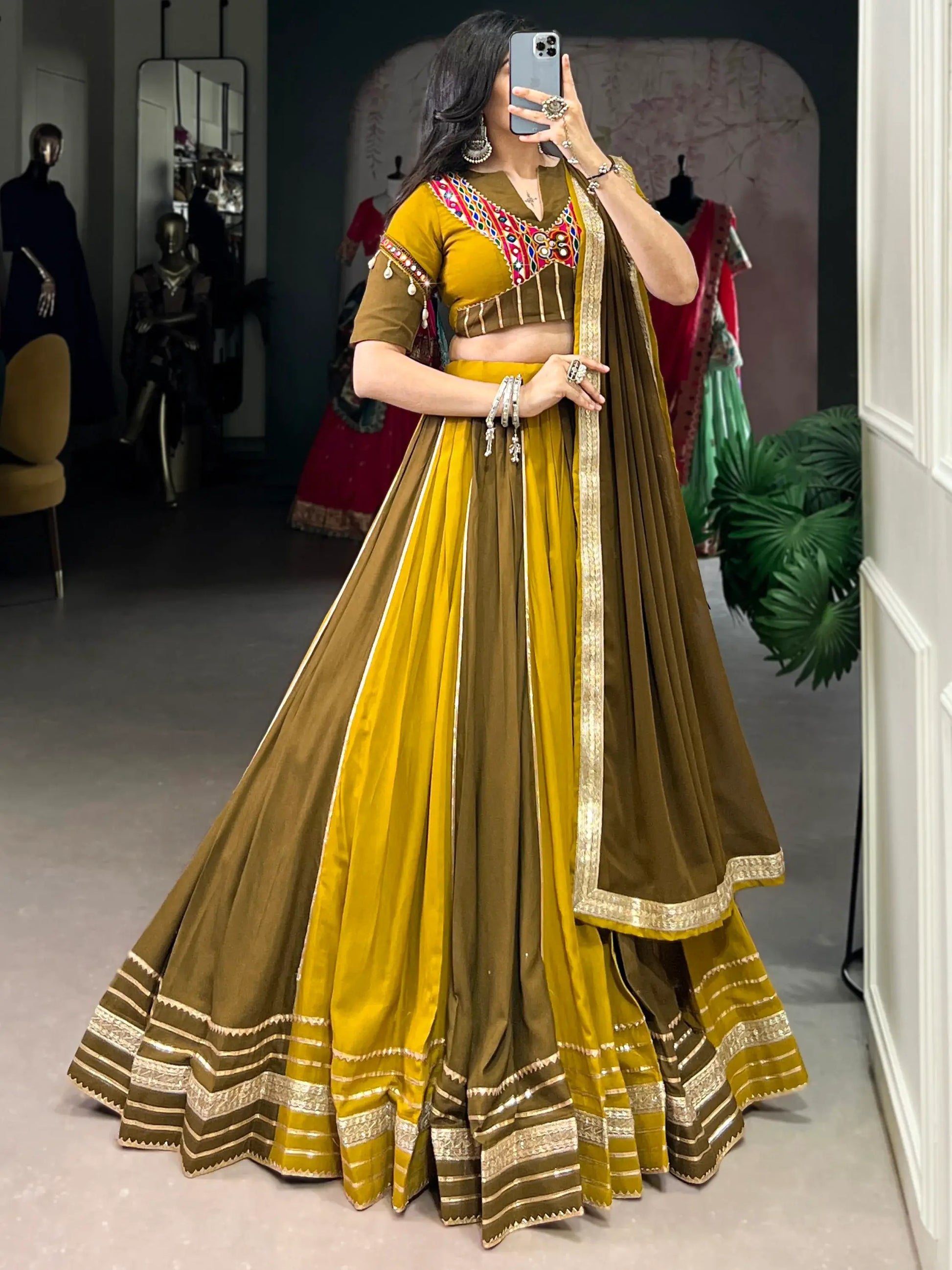 Pleasant Mehendi Green Sequins Lace Work Rayon Navratri Special Lehenga Choli - Zeel Clothing