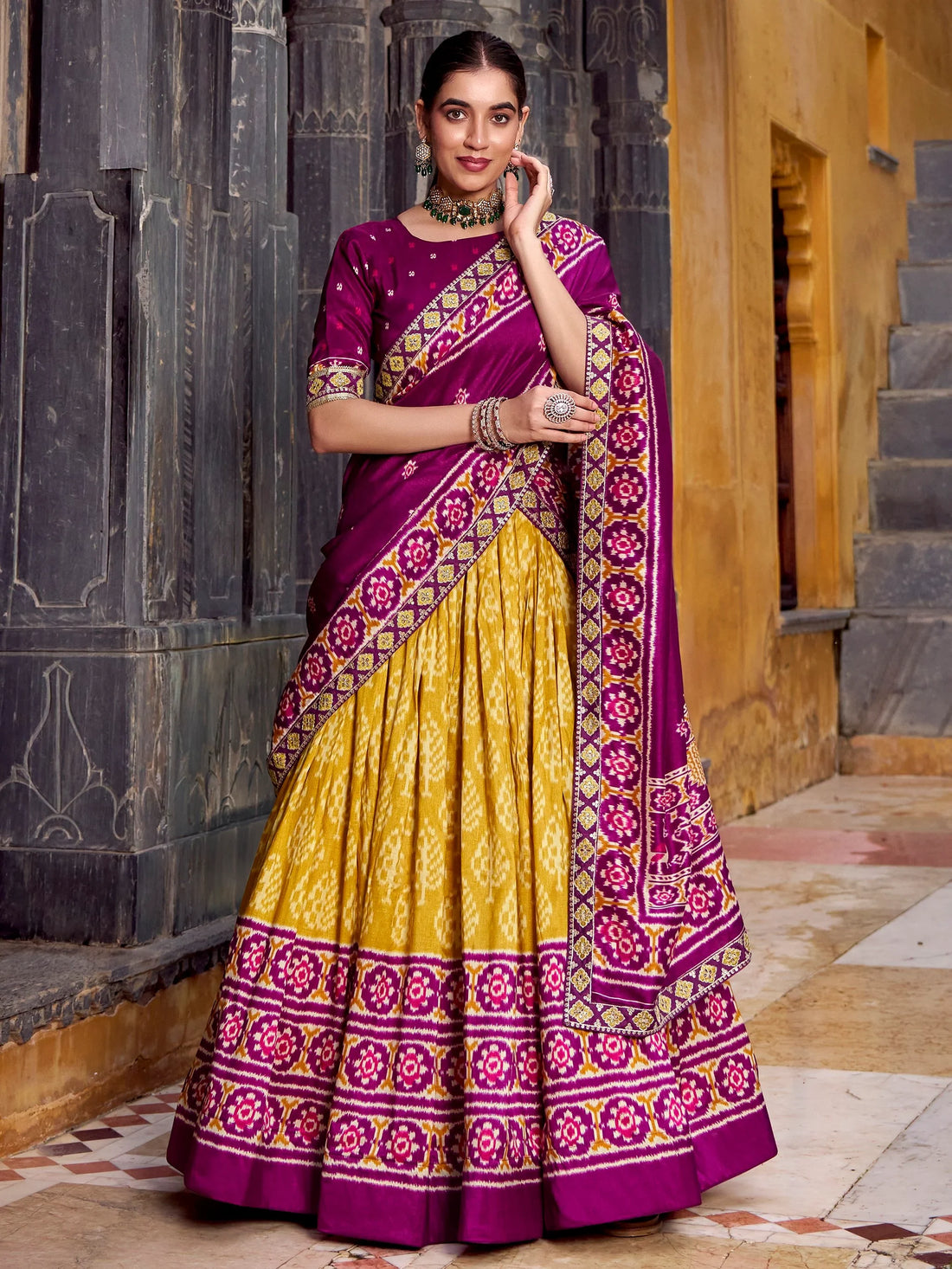 Pleasant Mustard Yellow Ikkat Print Tussar Silk Half Saree Lehenga With Dupatta - Zeel Clothing