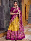 Pleasant Mustard Yellow Ikkat Print Tussar Silk Half Saree Lehenga With Dupatta - Zeel Clothing