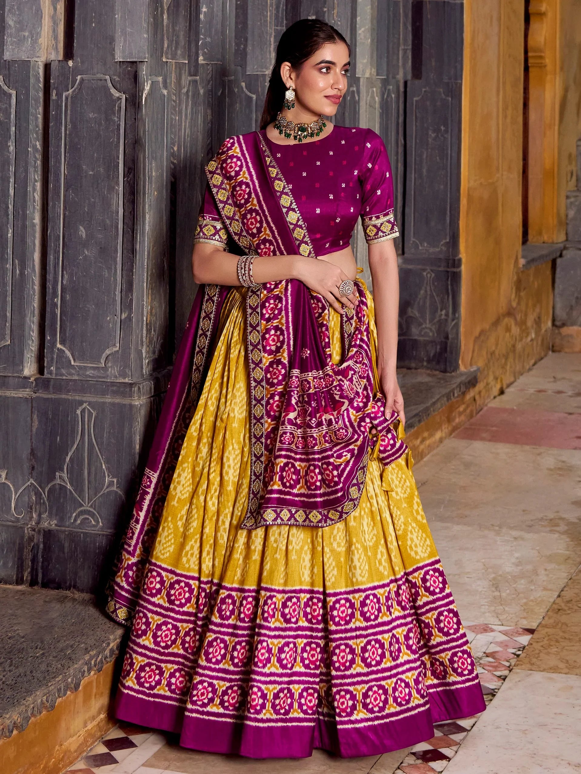 Pleasant Mustard Yellow Ikkat Print Tussar Silk Half Saree Lehenga With Dupatta - Zeel Clothing